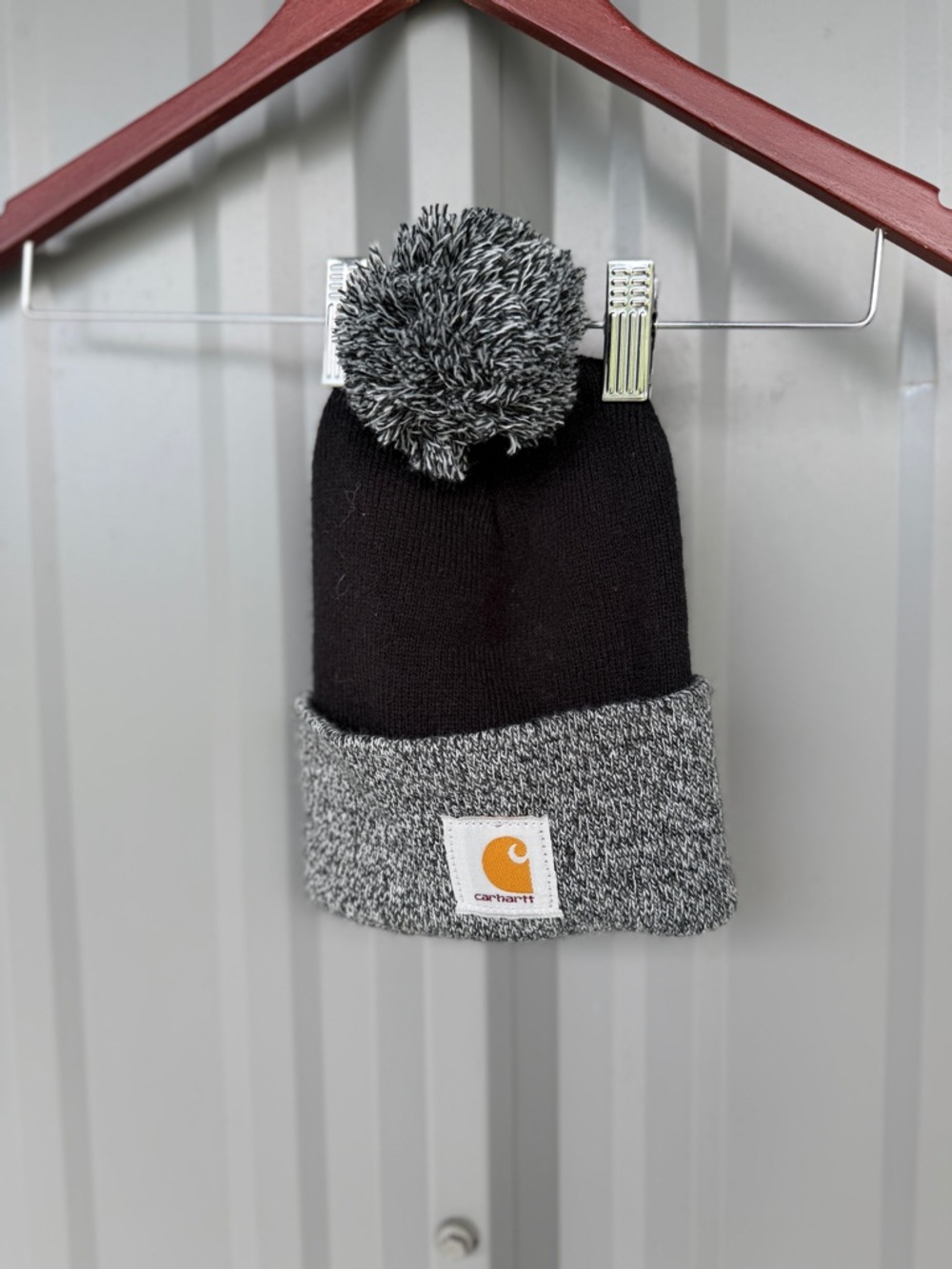 Carhartt Pom Pom Beanie Black Gray Cuffed Knit Winter Hat Logo Unisex
